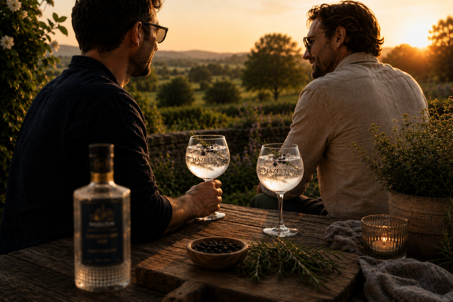 Two men enjoying Hazelton gin and tonics in a countryside garden at golden hour