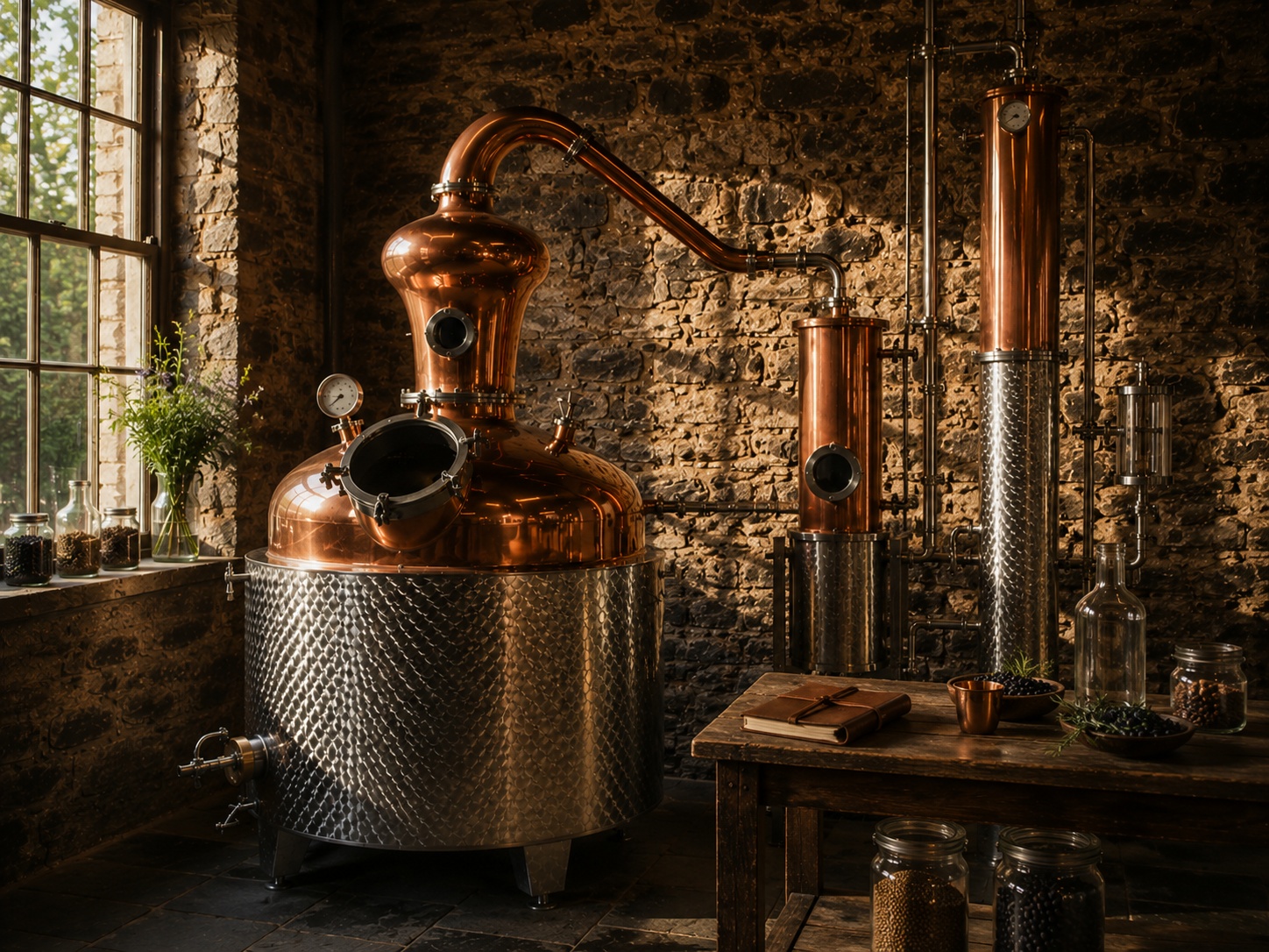 Traditional copper gin still inside a stone distillery